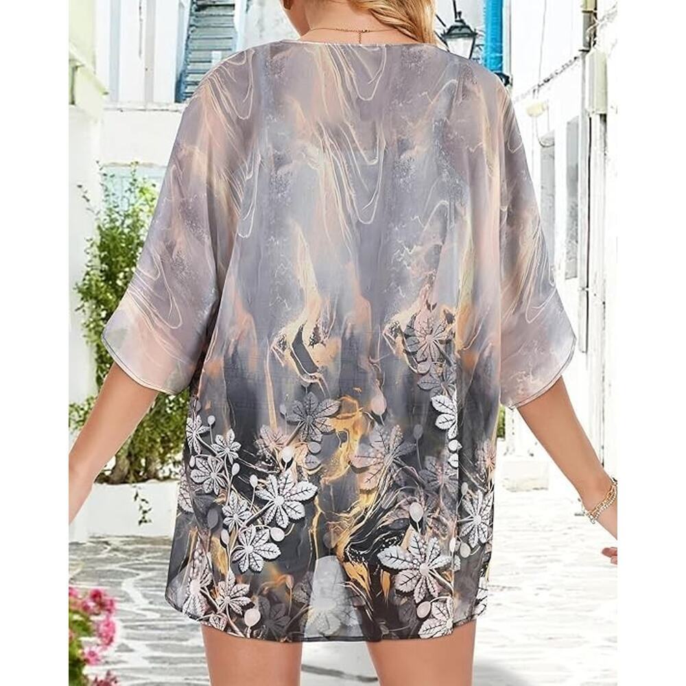 NEW Gray Gold Women's 3XL Floral Print Kimono Cardigan Loose Cover Up Shirt - Picture 4 of 6